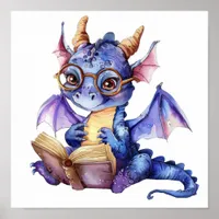 Nursery Art Poster Little Purple Dragon Reading