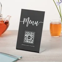 Modern Elegant Menu Script QR Code Black Pedestal Sign