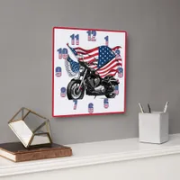 American motorcycle with a flag in the background square wall clock