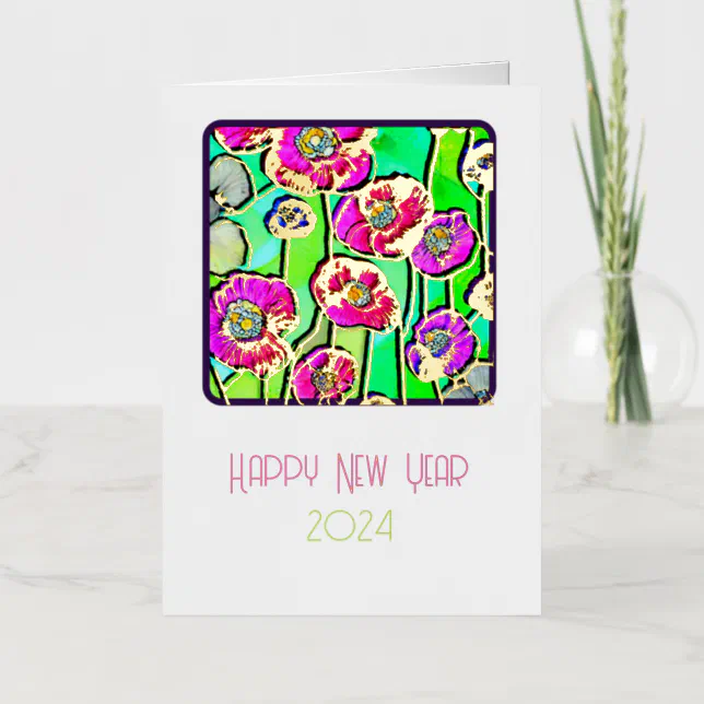 Happy New Year - stain glass anemones - 2024 Foil Greeting Card