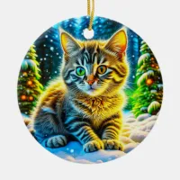 Cute Kitty Cat Playing Outside on Christmas Eve Ceramic Ornament