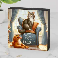 Witty Phrase 'Cats Rule, Dogs Drool' Wooden Box Sign