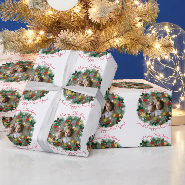 Christmas and New Year greetings, photo in a crown Wrapping Paper