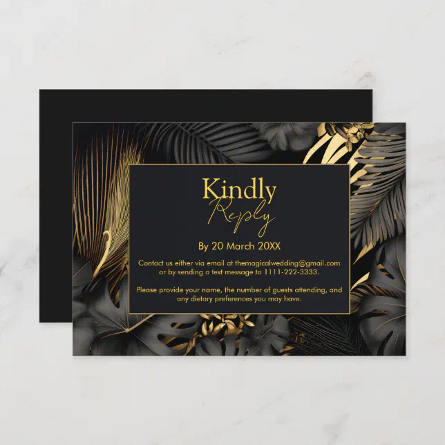 Modern Black Gold Tropical Leaves Wedding RSVP Card