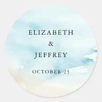 Rustic Watercolor Ocean Sea Summer Beach Wedding Classic Round Sticker