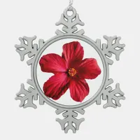 Red Hibiscus Flower Pewter Snowflake Ornament