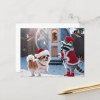 Cute Raccoon and a Cute Dog Festive Christmas Postcard