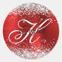 Silver Glitter Red Foil Fancy Monogram Classic Round Sticker