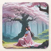 Japanese Woman Under Cherry Blossom - Anime Style Square Paper Coaster