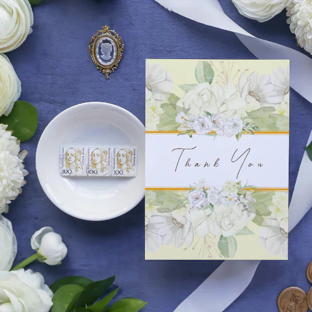 Modern White Rose Yellow Floral Thank You Card