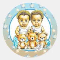 African-American Twin Boy's Blue Baby Shower Classic Round Sticker
