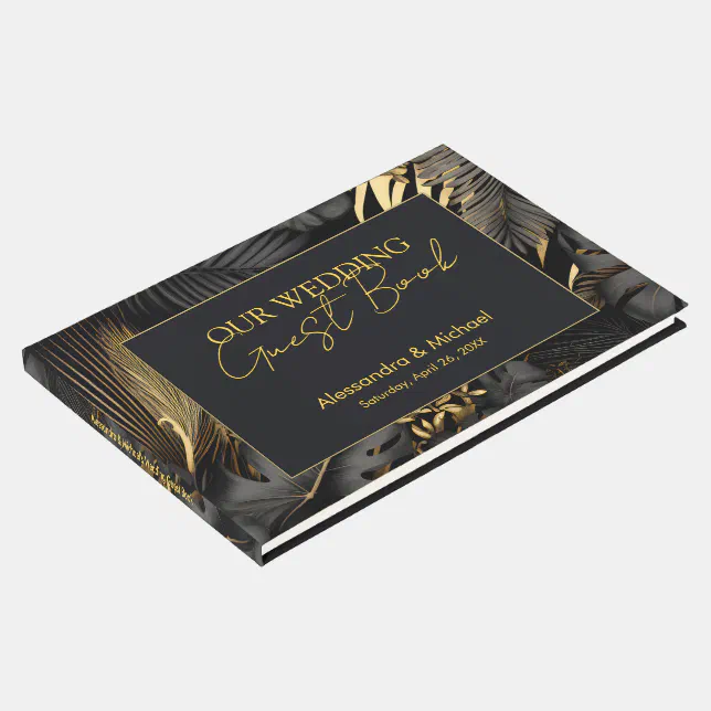 Modern Black Gold Tropical Wedding Guest Book