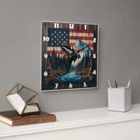 Moose Against American Flag and Mountain Landscape Square Wall Clock