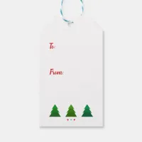 Christmas tree forest, snowflakes, red blue dots gift tags