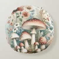 Cottage Core | Vintage Mushrooms and Flowers  Round Pillow