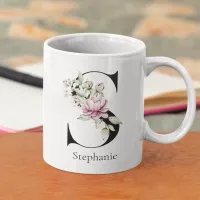 Modern Watercolor Pink Flower Monogram Coffee Mug