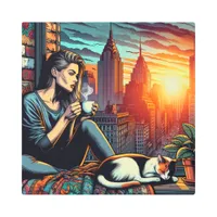 Woman Reading in City Window with Cat and Coffee Metal Print