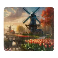Windmill in Dutch Countryside by River with Tulips Cutting Board