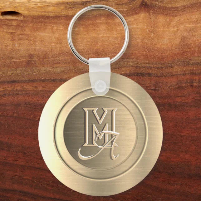 Metallic Gold Steel Engraved Monogram Keychain