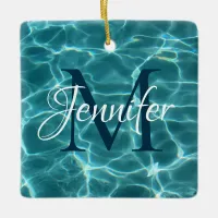 Aqua Teal and White Swimming Pool Photo Monogram Ceramic Ornament