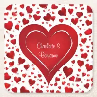 Red Love Hearts | Name Valentines Party Square Paper Coaster