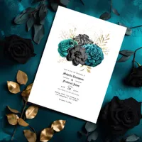 Teal, Black and Gold Floral Gothic Wedding Invitation