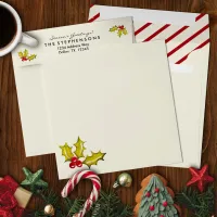 Cream Peppermint Stripe Holly Elegant Christmas Envelope