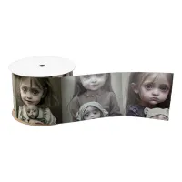 Little Girl with Big Eyes holding a Creepy Doll  Satin Ribbon