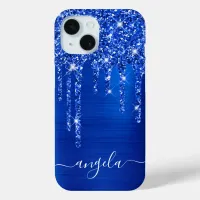 Royal Blue Glitter Drips Glam Girly Signature iPhone 15 Case