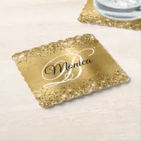 Glittery Gold Foil Fancy Monogram Paper Coaster