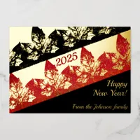 Happy New Year 2025 - Golden and red maple leaves  Foil Holiday Card