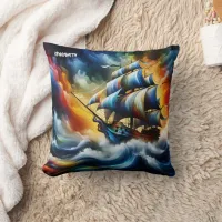 Colorful Pirate Ship Sailing Through Stormy Waters Throw Pillow