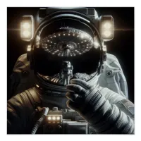 Astronaut with reflection of UFO Poster