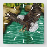 Eagle Flying over River and Mountains Square Wall Clock