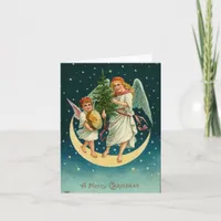 Vintage Christmas Angels on the Moon Holiday Card