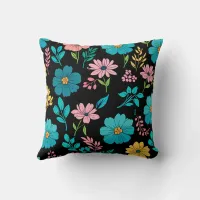 Whimsical Blossoms on Midnight Blackground Throw Pillow