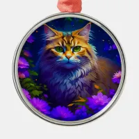 Cute Orange Cat Sitting in Purple Flowers Metal Ornament