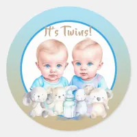 Twin Boy's Baby Shower Watercolor Animals Classic Round Sticker