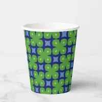 Stylized Geometric Four-Leaf Clovers on Blue Paper Cups