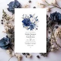 Navy and Silver Floral Wedding Invitation