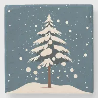 Pine Tree Under Snow Fall Stone Coaster