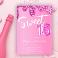 Hot Pink Glitter Girly Sweet 16 Birthday Party Invitation