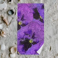 Purple pansies, abstract painting, floral art  beach towel