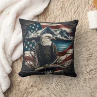 Eagle Emblem Over Mountain and American Flag Throw Pillow