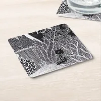 Black leopard in the jungle - pencil drawing   square paper coaster