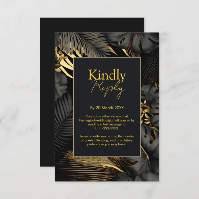 Modern Black Gold Tropical Leaves Wedding RSVP Card