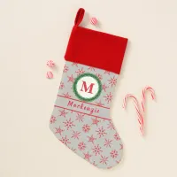 Monogram Wreath Your Name Silver & Red Snowflakes Christmas Stocking