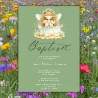 Watercolor Magical Fairy Olive Green Baptism Invitation