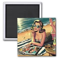 Retro Woman at Beach reading a Fashion Magazine Magnet