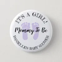 Its a Girl Mom To Be Purple Footprints Button